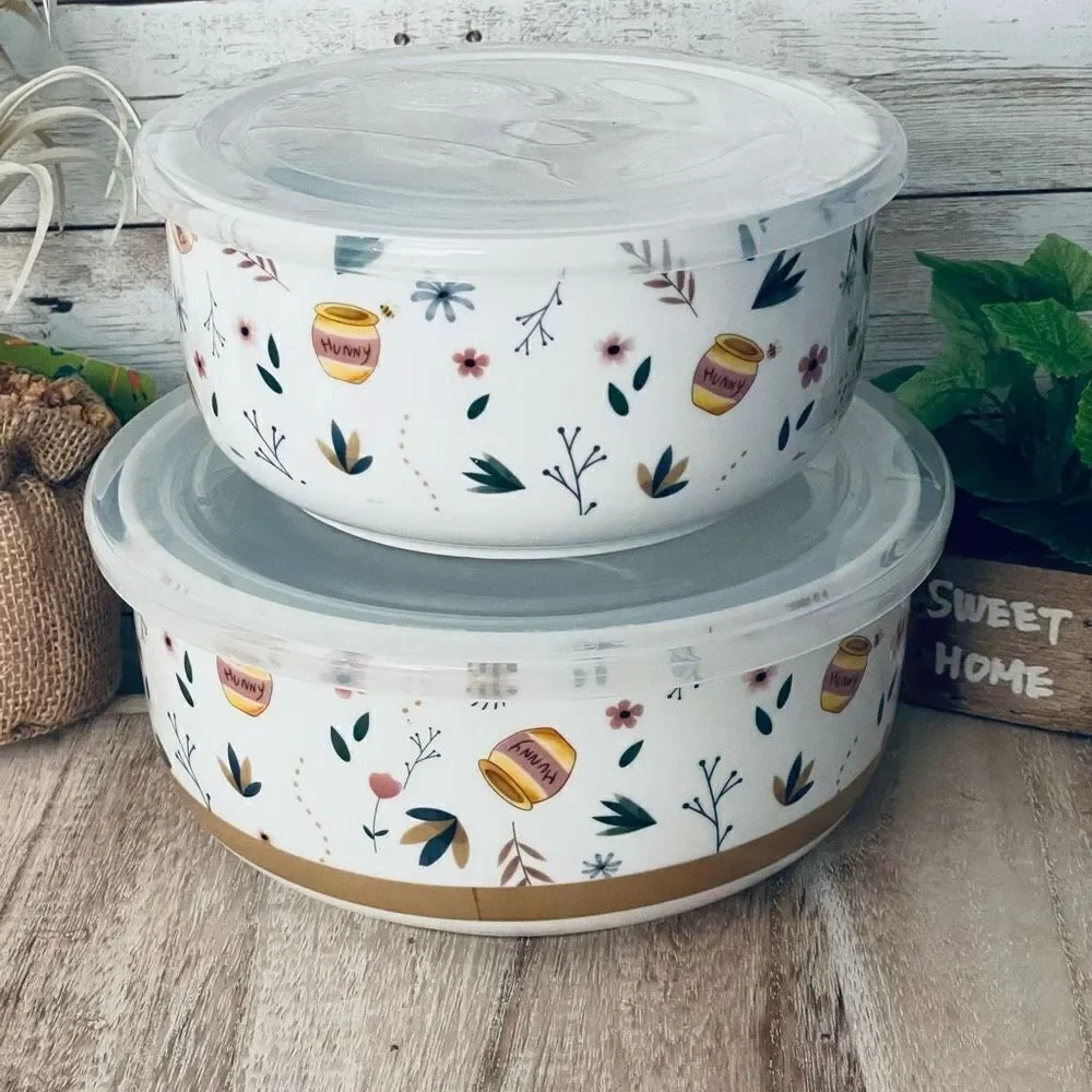 NWT Disney 2 Pc Winnie the Pooh Ceramic White Vented Food container 2 Pieces Set